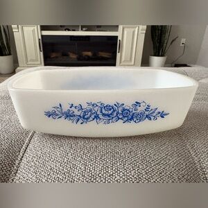 Vintage Federal Milk Glass Loaf Pan Blue Rose Floral Pattern